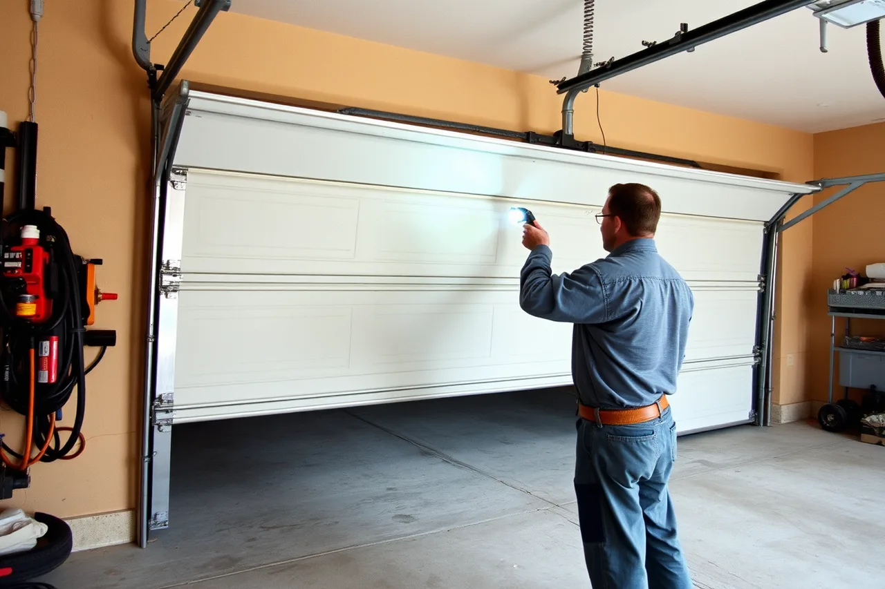 Technician testing garage door balance by hand at halfway point (Garage door opener repair vs replace: a service owner's decision guide)