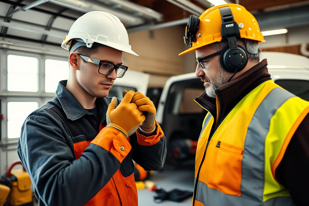 Supervisor fitting safety glasses and gloves on a garage door technician in a shop (Garage door service team training checklist owners reuse)