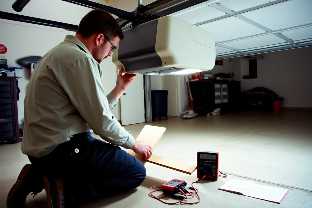 Technician testing safety reverse on a residential garage door operator with timber (Garage door service team training checklist owners reuse)