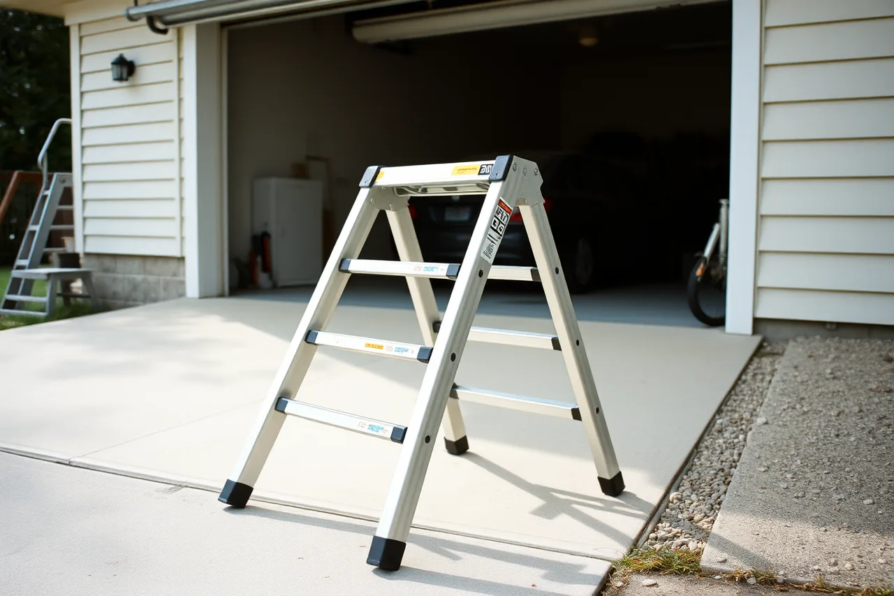 Articulating ladder set flat on a sloped driveway at an open garage door (The garage door service equipment list, priced by priority)