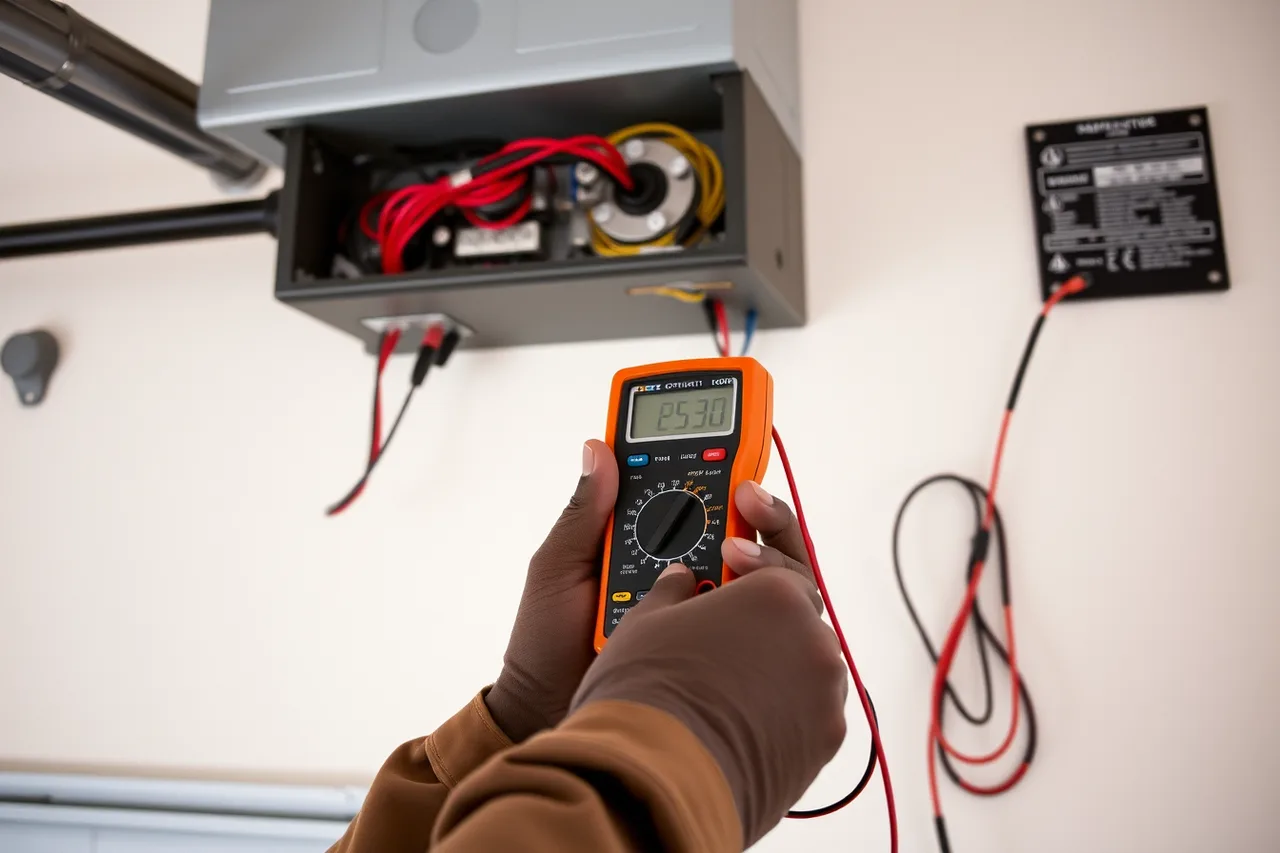 Technician testing garage door operator wiring with a digital multimeter (The garage door service equipment list, priced by priority)