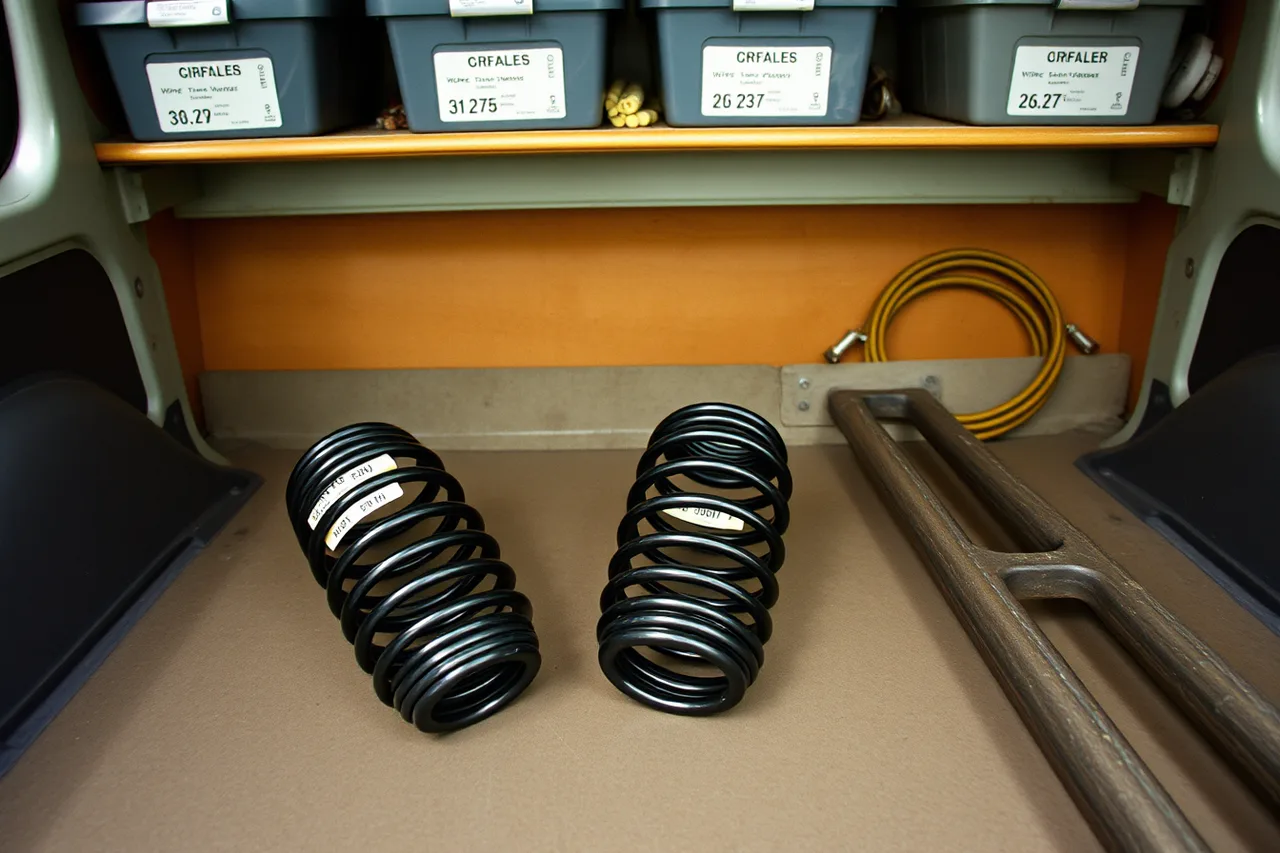 Torsion spring pair and winding bars on a service van shelf (The garage door service equipment list, priced by priority)