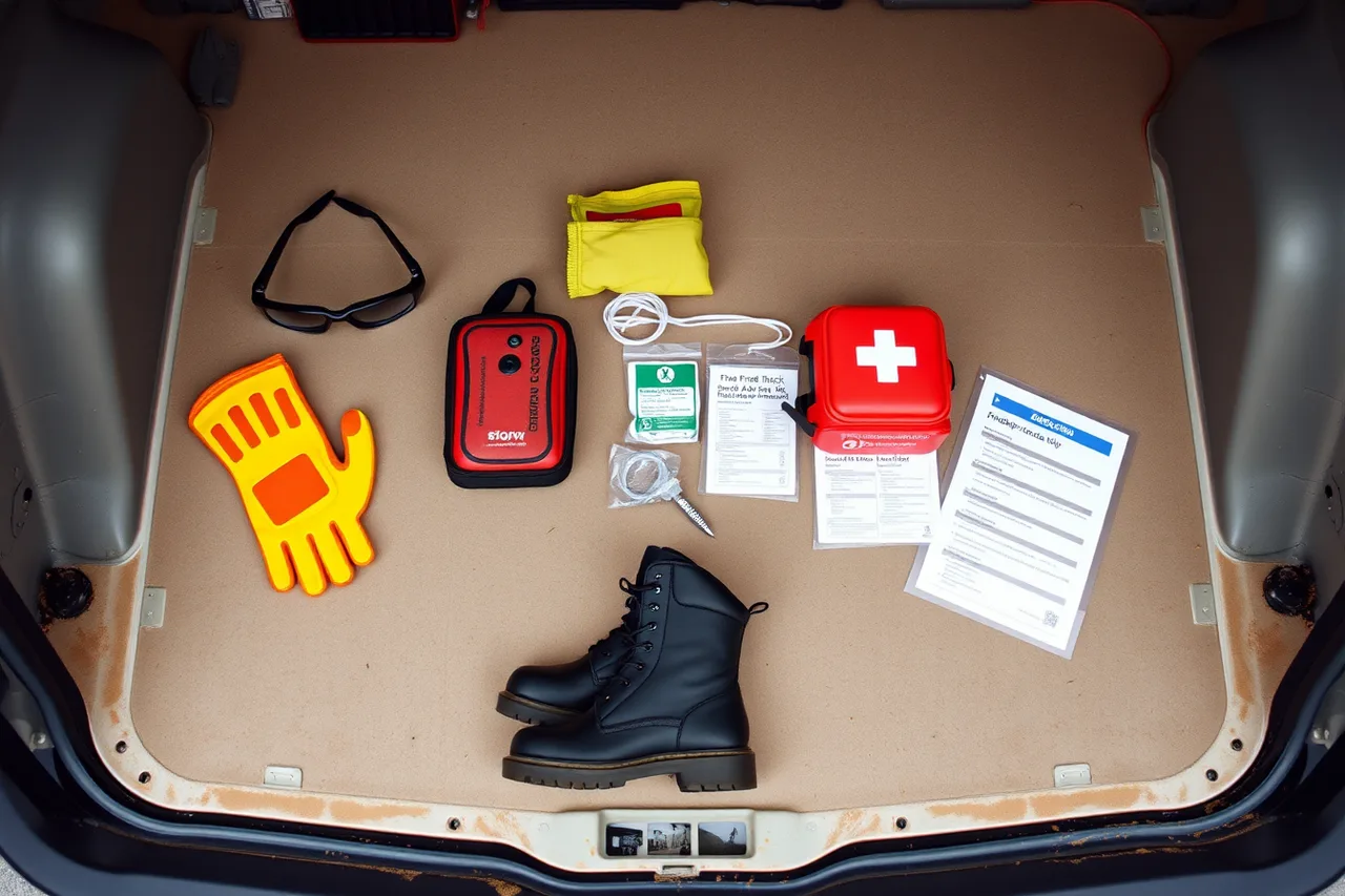 Safety glasses, gloves, boots, first aid kit and written procedure sheet on a van tailgate (Garage door service gear for new owners, itemised)