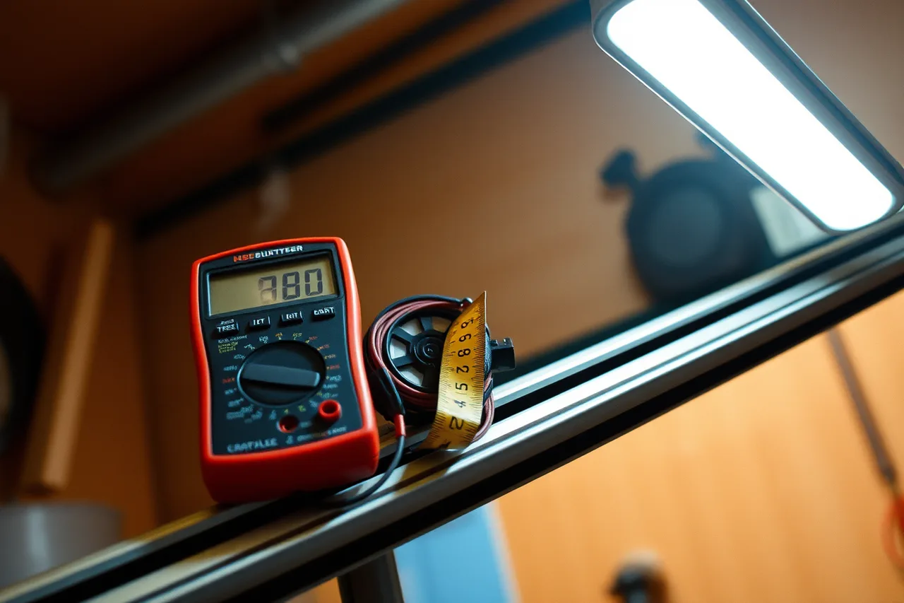 Multimeter testing a garage door opener with tape, level and phone photographing hardware (Garage door service gear for new owners, itemised)