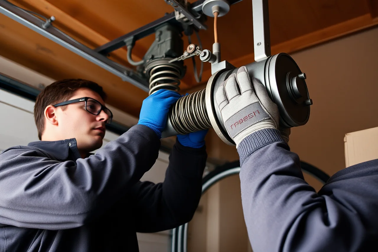 Technician adjusting a loaded garage door torsion spring assembly (How a garage door service business hires and trains)