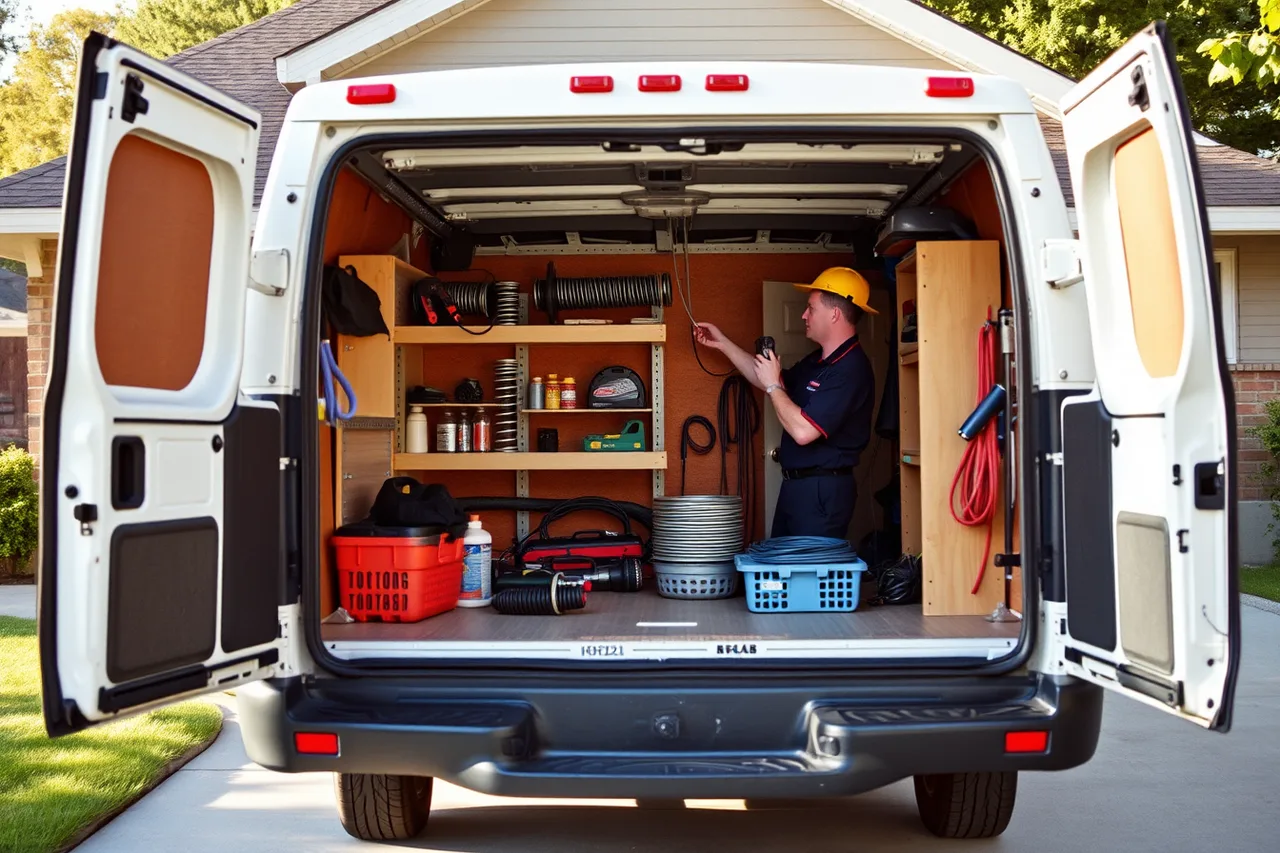 Open garage door service van with organized shelves of springs, rollers, cables, and tools (How a garage door service business prices for profit in 2027)