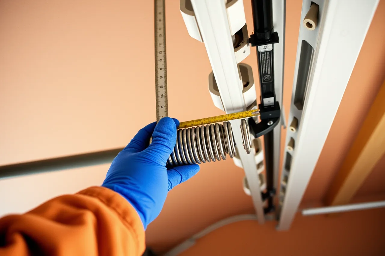 Technician measuring a torsion spring on a garage door (What garage door service software should measure)