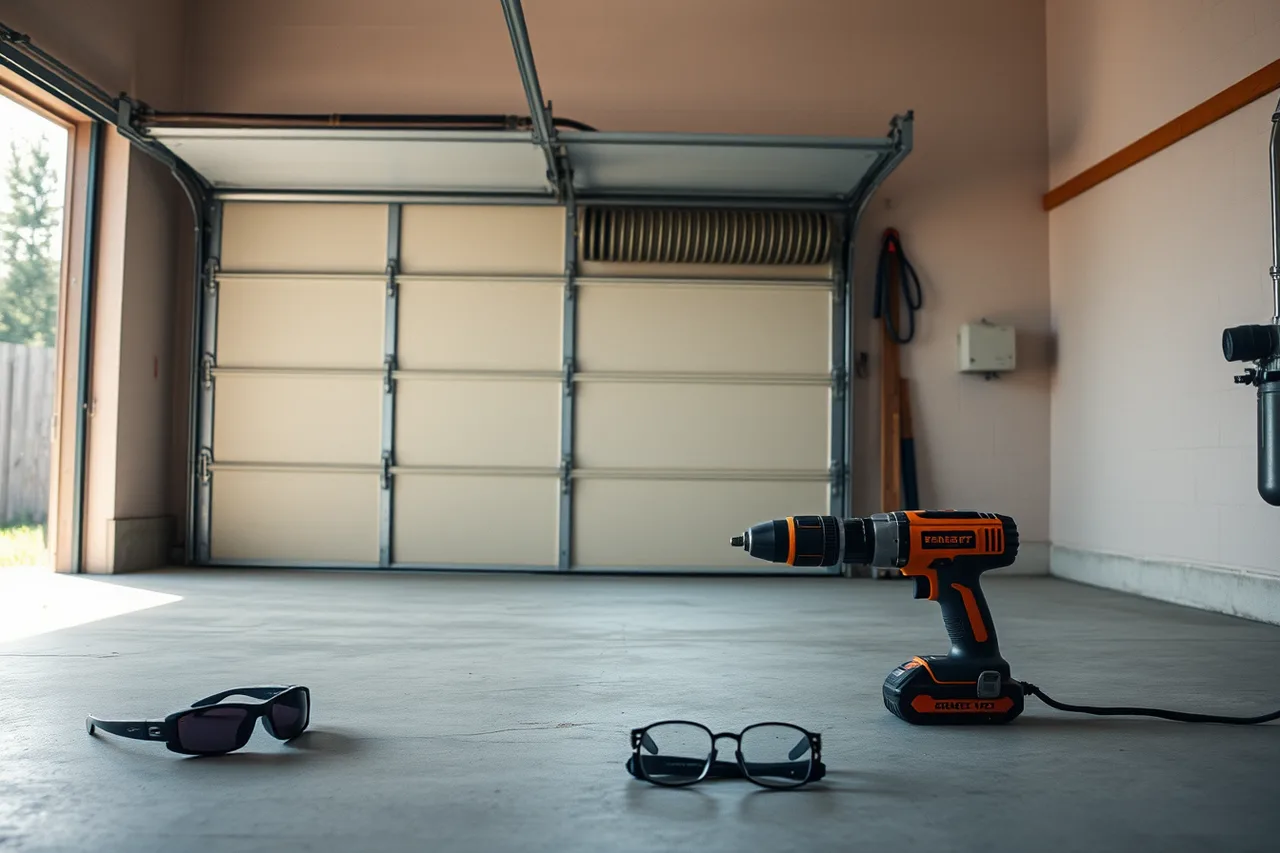 Technician reading manufacturer's manual beside an open garage door and tools (Garage door service SOPs: the daily checklist)