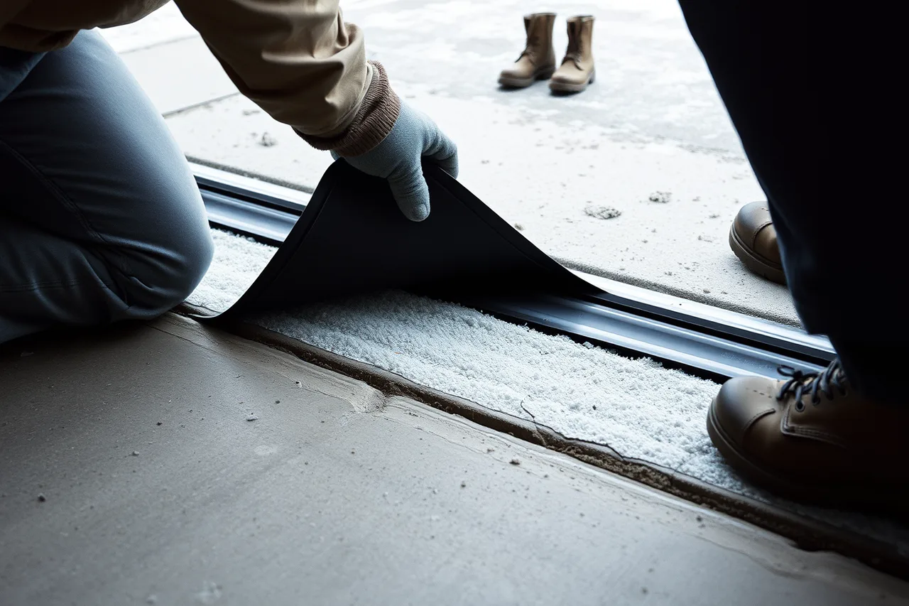 Technician inspecting cracked bottom seal at garage door threshold (Garage door service winter maintenance plan for Canadian prairies)