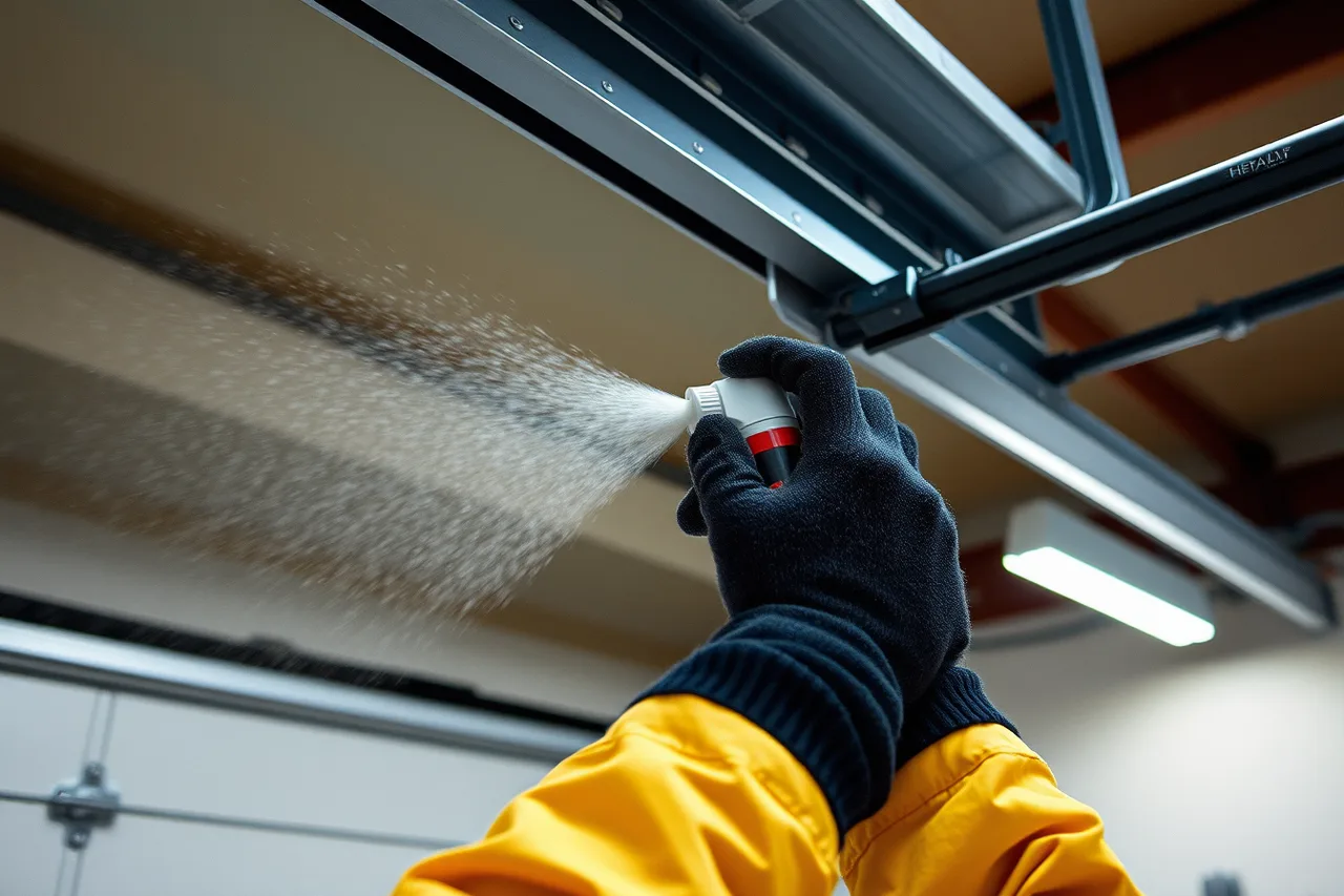 Worker spraying cold-rated lubricant on garage door hinges and rollers (Garage door service winter maintenance plan for Canadian prairies)
