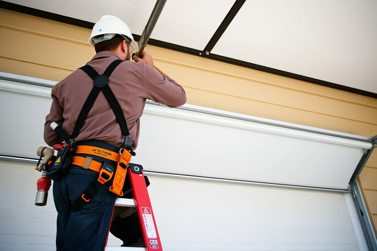 Technician in fall protection harness on ladder above garage door (Garage door technician certification in Ontario: a practical overview)