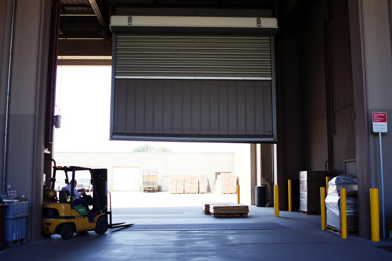 Rolling steel dock door cycling at a warehouse loading bay (Serving the GTA, Montreal and Vancouver industrial corridors with rolling doors)
