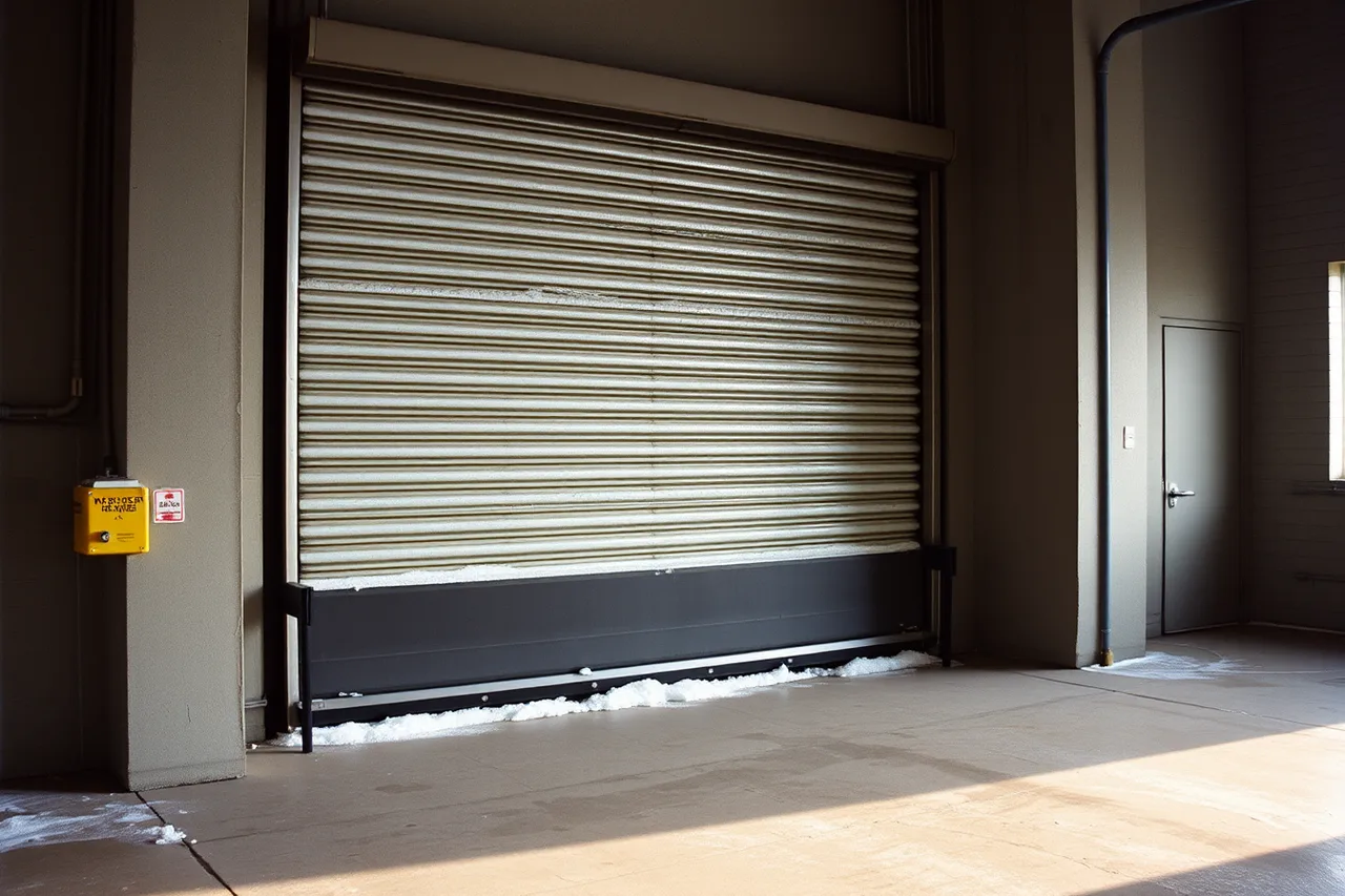 Insulated rolling steel door with safety edge in winter plant (Serving the GTA, Montreal and Vancouver industrial corridors with rolling doors)