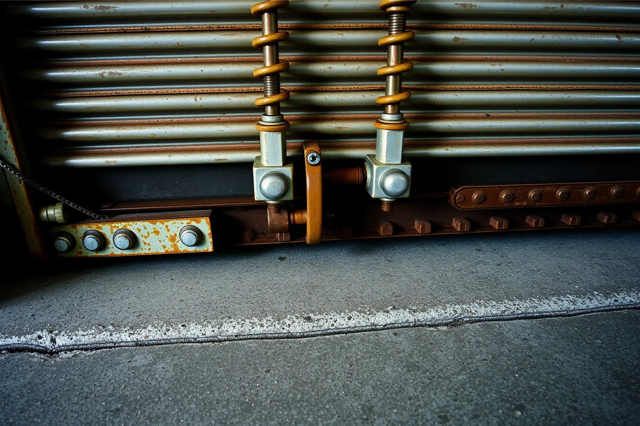 Corroded springs, rollers and track on a coastal rolling door (Serving the GTA, Montreal and Vancouver industrial corridors with rolling doors)