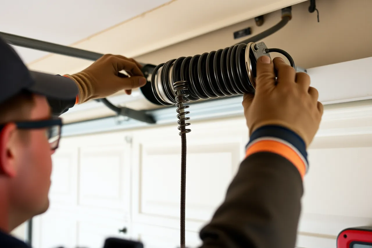 Technician showing a homeowner the snapped torsion spring above the garage door (More referrals for a garage door service business: what actually works)