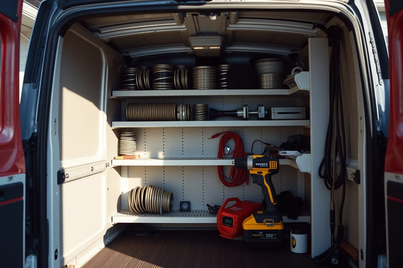 Garage door service van shelving stocked with springs, rollers, hinges and cables (More referrals for a garage door service business: what actually works)