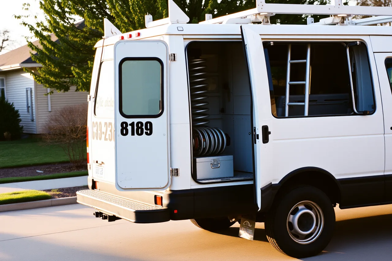 Garage door service van with painted business name and phone number (Local SEO checklist for garage door owners)