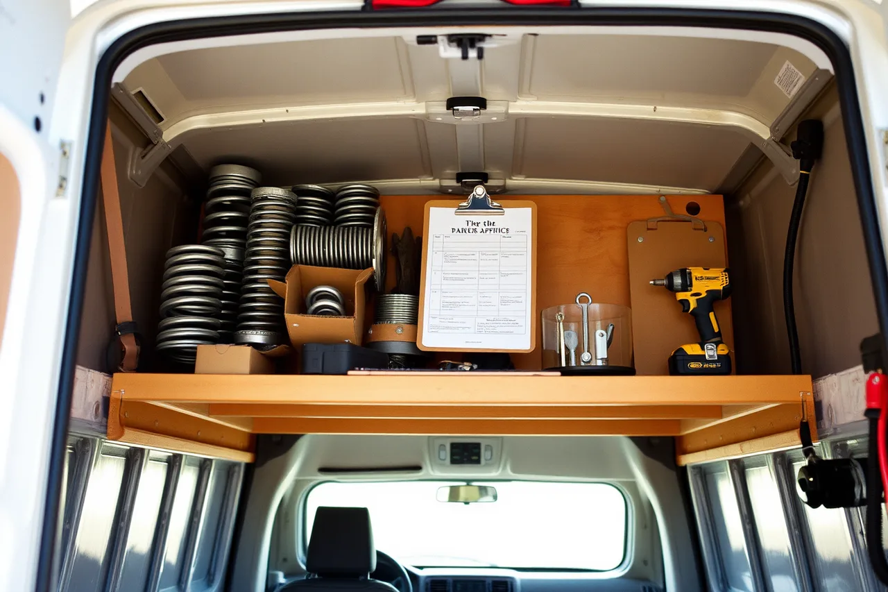 Van interior stocked with garage door springs, rollers, and tools (Local SEO checklist for garage door owners)