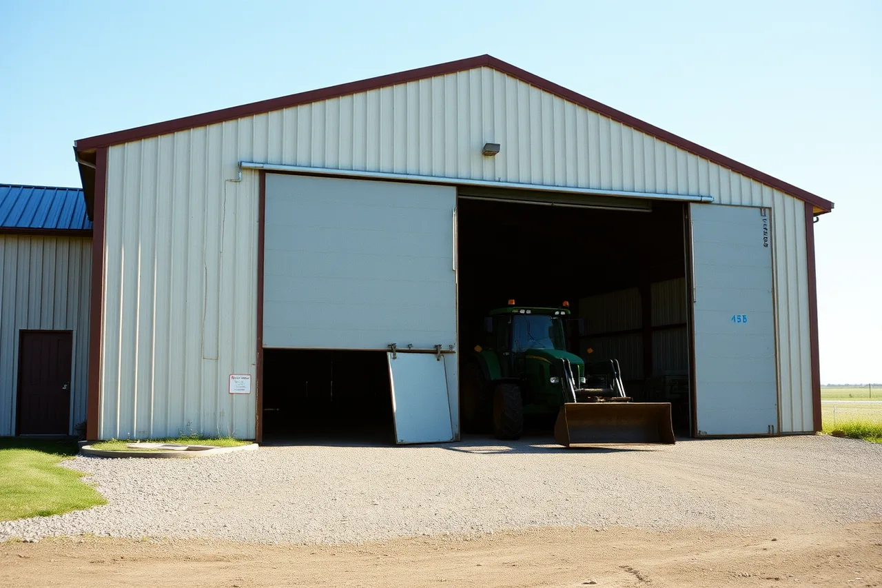 Farm shop door open with tractor and loader inside (Rural and agricultural garage door work across Saskatchewan and Manitoba)