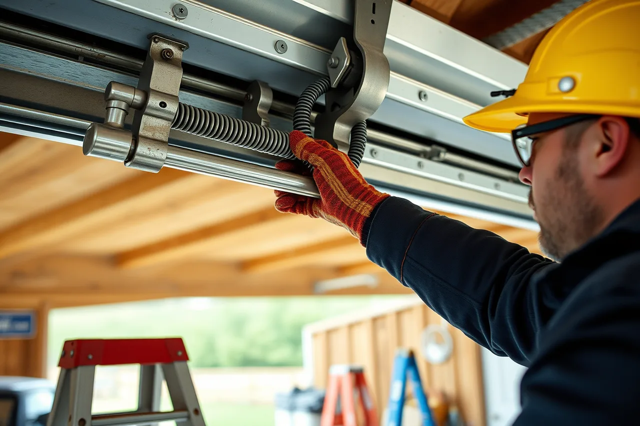 Technician winding a torsion spring with steel bars (Rural and agricultural garage door work across Saskatchewan and Manitoba)