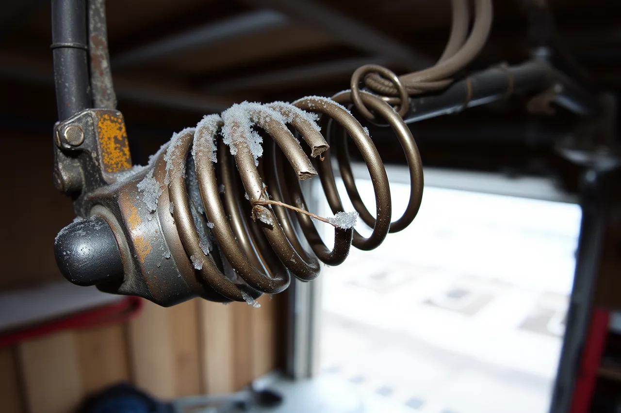 Snapped torsion spring split at a coil on a garage door bar (Winter spring and opener pricing for garage door work in Winnipeg and Edmonton)