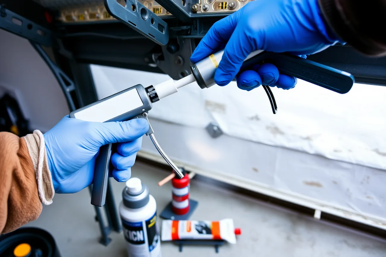 Gloved hands greasing a garage door hinge and roller with cold-rated lubricant (Winter spring and opener pricing for garage door work in Winnipeg and Edmonton)